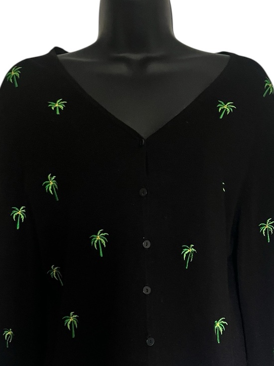 Etoile Sweaters - Etolie Black V-Neck Button Cardigan with Green Palm Trees Sz L